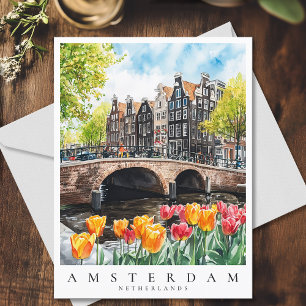 Amsterdam Canal Tulips in Spring Watercolor Travel Postcard