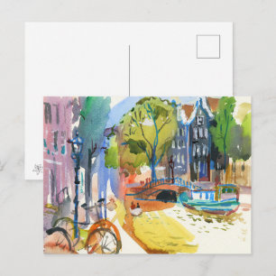 Amsterdam Canal with Bicycles – Watercolor Art Holiday Postcard
