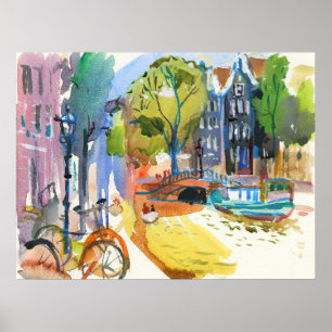 Amsterdam Canal with Bicycles Watercolor Wall Art