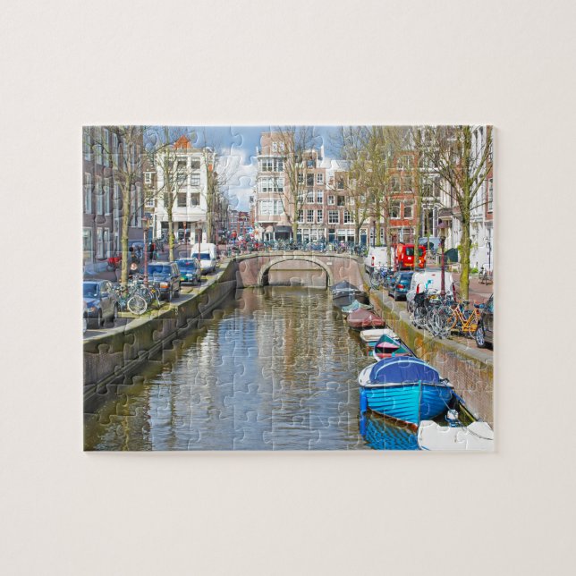 Amsterdam Canal with boats Jigsaw Puzzle (Horizontal)
