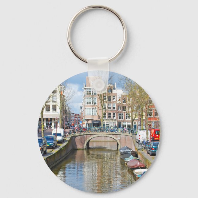 Amsterdam Canal with boats Keychain (Front)