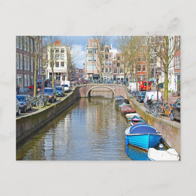 Amsterdam Canal with boats Postcard (Front)