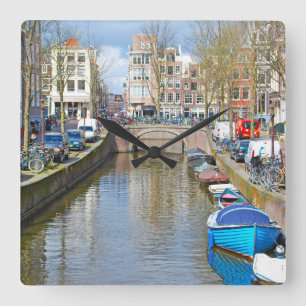 Amsterdam Canal with boats Square Wall Clock