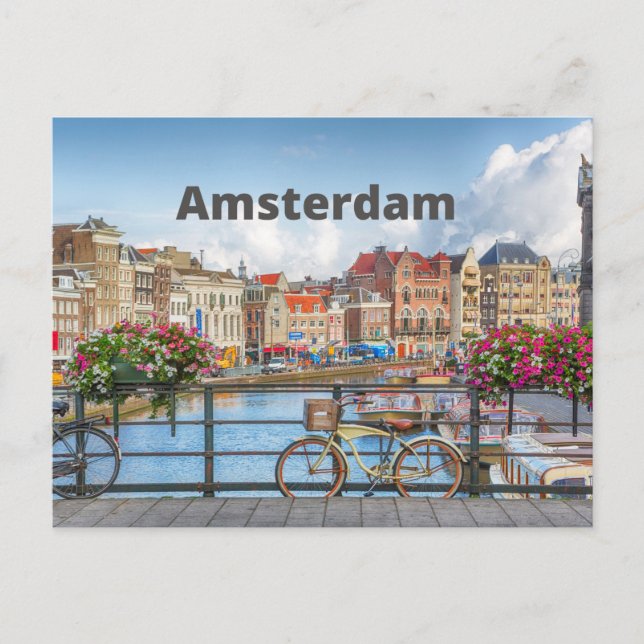 Amsterdam City View - Old Buildings, River, Boats Postcard (Front)