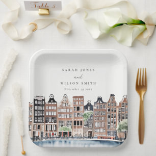 Amsterdam Dutch Canal Watercolor Landscape Wedding Paper Plate