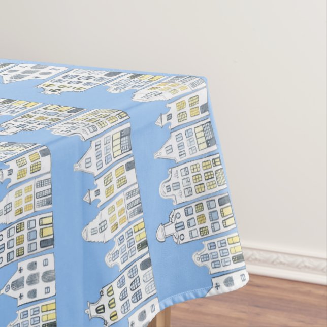 Amsterdam Dutch Houses Watercolor Village Blue Tablecloth (In Situ)