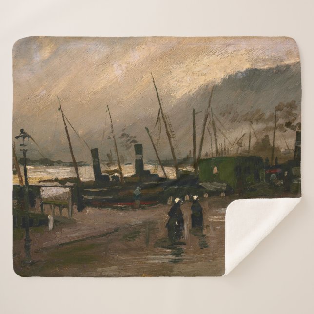 Amsterdam Fishermen's Harbour Storm by Vincent Gog Sherpa Blanket (Front (Horizontal))