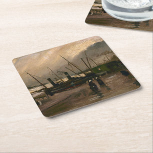 Amsterdam Fishermen's Harbour Storm by Vincent Gog Square Paper Coaster