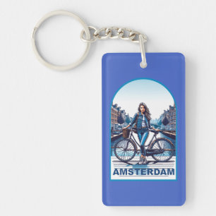 Amsterdam girl with bicycle on bridge keychain