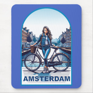 Amsterdam girl with bicycle on bridge mouse pad