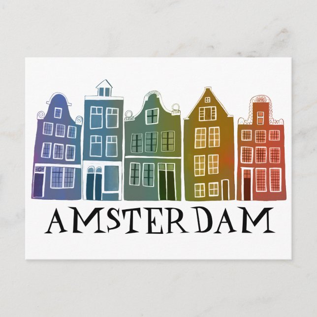 Amsterdam Holland Canal Houses Travel Colourful Postcard (Front)