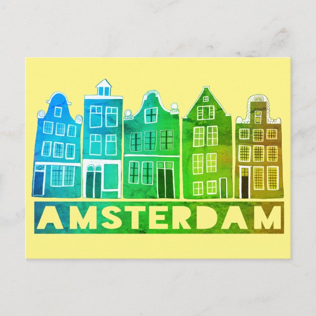 Amsterdam Holland Canal Houses Travel Colourful Postcard (Front)
