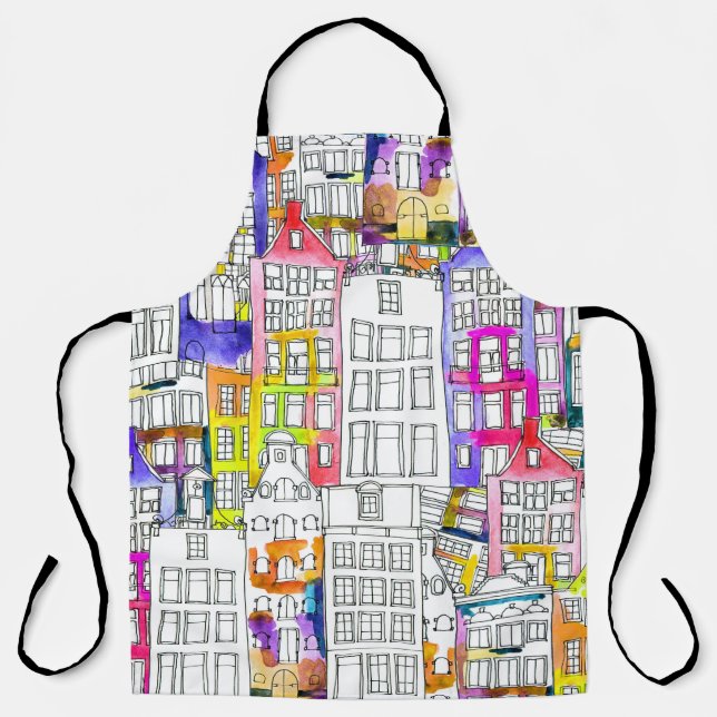 Amsterdam Houses: Watercolor Seamless Pattern Apron (Front)