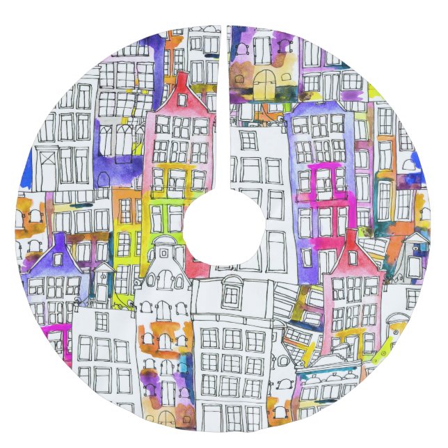 Amsterdam Houses: Watercolor Seamless Pattern Brushed Polyester Tree Skirt (Front)