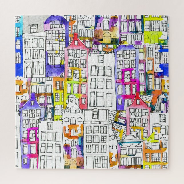 Amsterdam Houses: Watercolor Seamless Pattern Jigsaw Puzzle (Vertical)