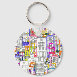 Amsterdam Houses: Watercolor Seamless Pattern Keychain
