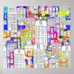 Amsterdam Houses: Watercolor Seamless Pattern Poster