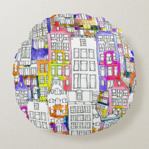 Amsterdam Houses: Watercolor Seamless Pattern Round Pillow