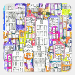 Amsterdam Houses: Watercolor Seamless Pattern Square Sticker