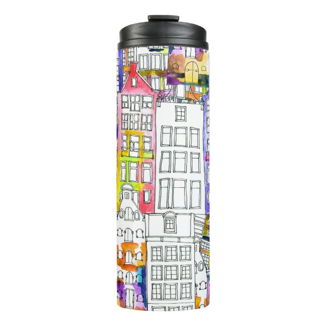 Amsterdam Houses: Watercolor Seamless Pattern Thermal Tumbler (Front)