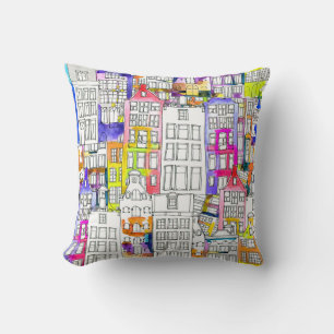 Amsterdam Houses: Watercolor Seamless Pattern Throw Pillow