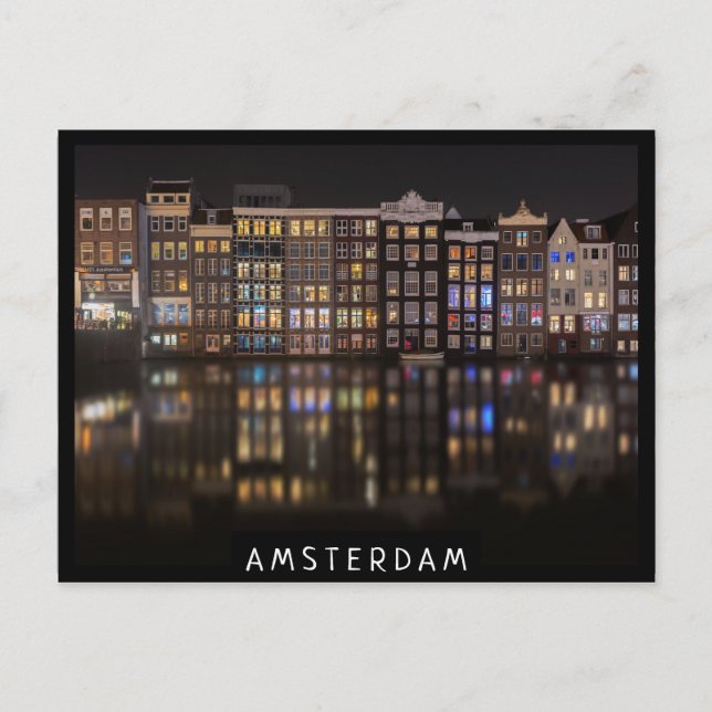 Amsterdam houses with colourful lights in the postcard (Front)