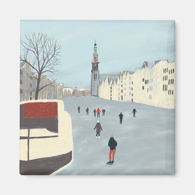 Amsterdam ice skating on the canals in winter magnet (Front)