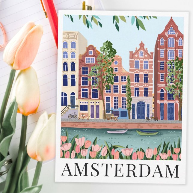 Amsterdam Lakeside Town View Travel Illustration Postcard (amsterdam scenic view tulips illustration travel postcard)