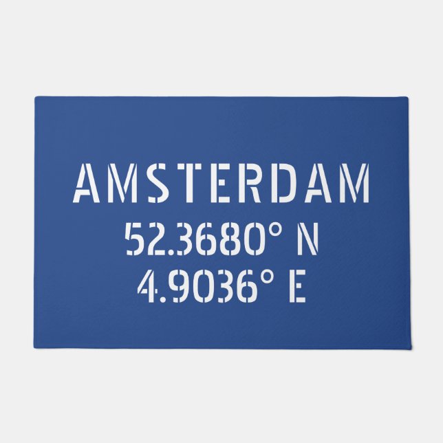 Amsterdam Latitude Longitude Blue Doormat (Front)