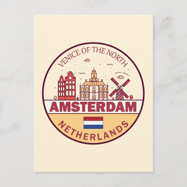 Amsterdam Netherlands City Skyline Emblem Postcard (Front)
