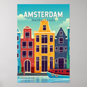 Amsterdam Netherlands Colourful Houses Travel Retr Poster