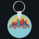 Amsterdam Netherlands Retro City Skyline Cityscape Keychain<br><div class="desc">Vintage and retro city design with beautiful skyline, tourist attraction and cityscape art. Cool skyscraper and building silhouette illustration merchandise for tourist and traveller. Perfect as souvenir to bring back home when travelling around the world. Save the memory of your travel and vacation with family and friends. Background colour can...</div>