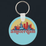 Amsterdam Netherlands Retro City Skyline Cityscape Keychain<br><div class="desc">Vintage and retro city design with beautiful skyline, tourist attraction and cityscape art. Cool skyscraper and building silhouette illustration merchandise for tourist and traveller. Perfect as souvenir to bring back home when travelling around the world. Save the memory of your travel and vacation with family and friends. Background colour can...</div>