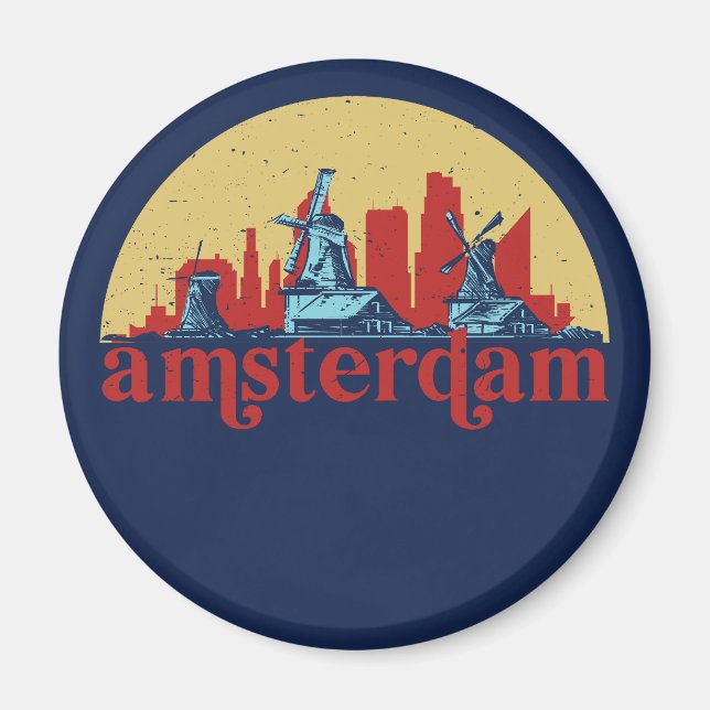 Amsterdam Netherlands Retro City Skyline Cityscape Magnet (Front)