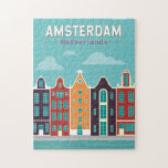 Amsterdam Netherlands Travel Art Vintage Jigsaw Puzzle<br><div class="desc">Amsterdam retro vector travel design in an emblem style. It’s known for its artistic heritage,  elaborate canal system and narrow houses with gabled facades,  legacies of the city’s 17th-century Golden Age.</div>