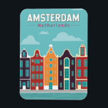 Amsterdam Netherlands Travel Art Vintage Magnet<br><div class="desc">Amsterdam retro vector travel design in an emblem style. It’s known for its artistic heritage,  elaborate canal system and narrow houses with gabled facades,  legacies of the city’s 17th-century Golden Age.</div>