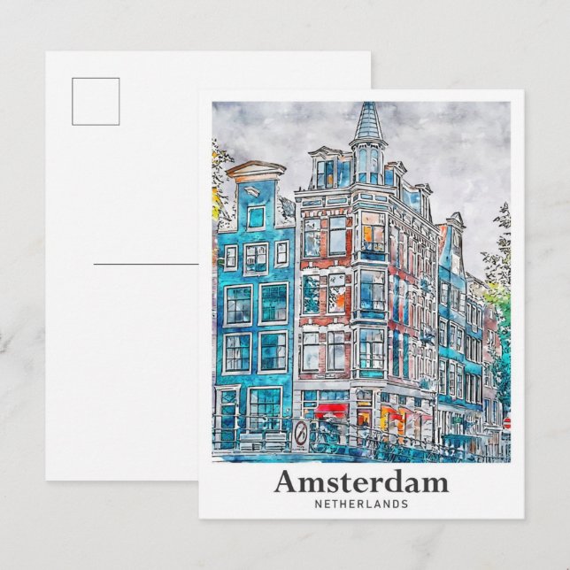 Amsterdam Netherlands Travel Watercolor Hand Drawn Postcard (Front/Back)