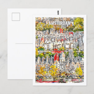 Amsterdam Netherlands Travel Watercolor Sketch Postcard