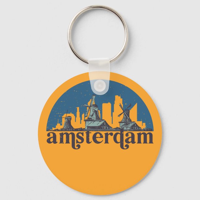 Amsterdam Netherlands Vintage City Skyline Keychain (Front)