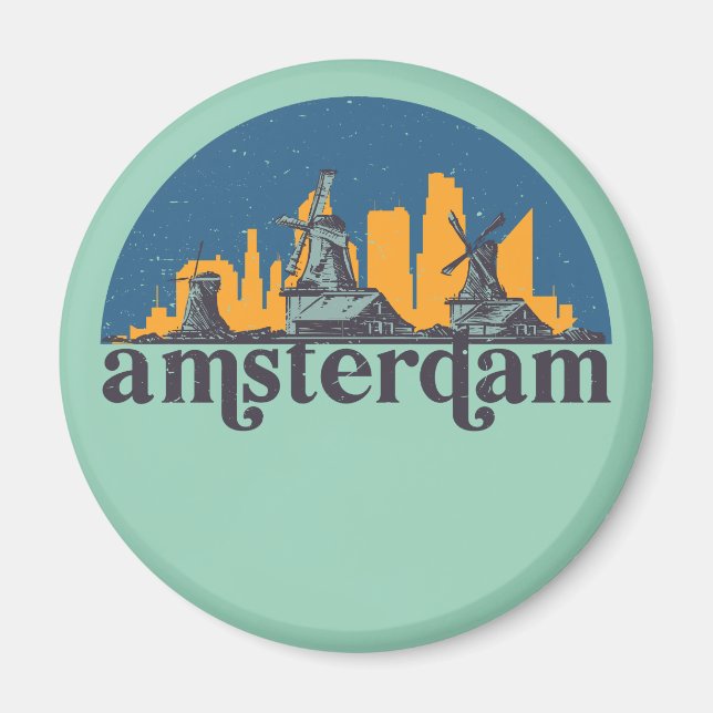 Amsterdam Netherlands Vintage City Skyline Magnet (Front)