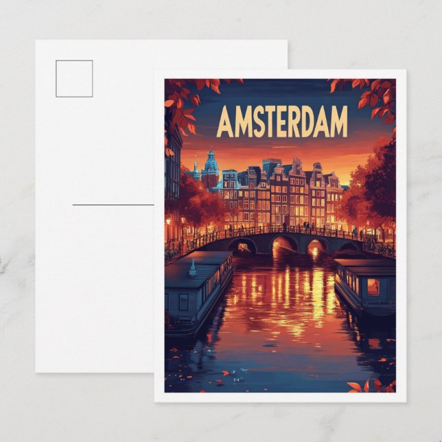 Amsterdam Netherlands Vintage Illustration Travel Postcard (Front/Back)