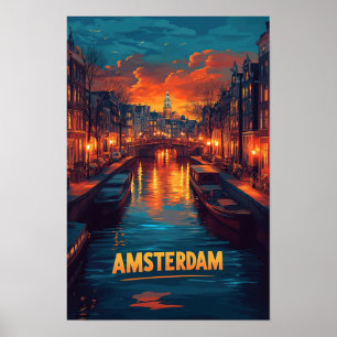Amsterdam Netherlands Vintage Illustration Travel Poster