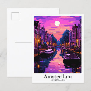 Amsterdam Netherlands Vintage Travel Illustration Postcard