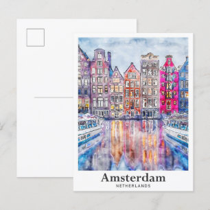 Amsterdam Netherlands Watercolor Sketch Hand Drawn Postcard