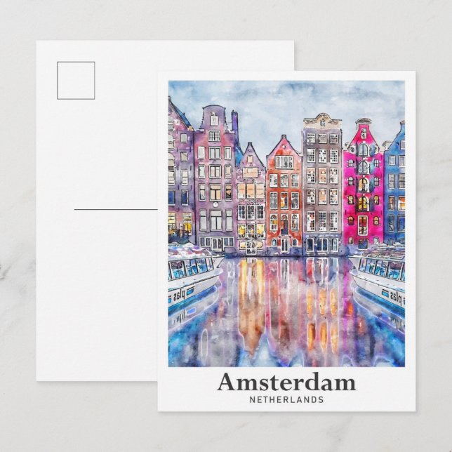Amsterdam Netherlands Watercolor Sketch Hand Drawn Postcard (Front/Back)