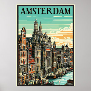 Amsterdam, Pays-Bas, Affiche de voyage