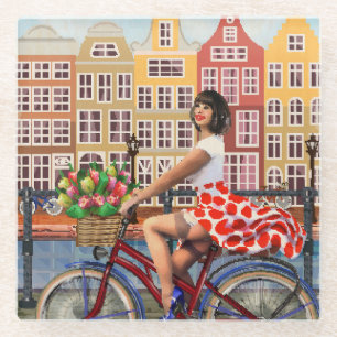 Amsterdam Poster: Pin-Up Girl Cycling. Glass Coaster