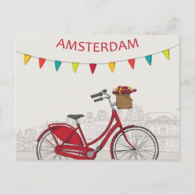 Amsterdam, red bicycle on the street, illustration postcard (Front)