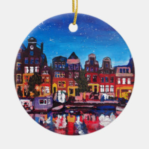 Amsterdam Skyline With Canal At Night Ceramic Ornament
