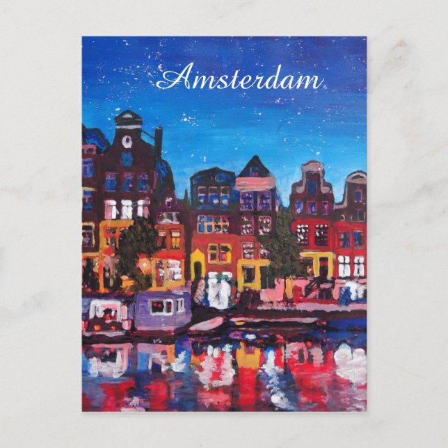 Amsterdam Skyline With Canal At Night Postcard (Front)